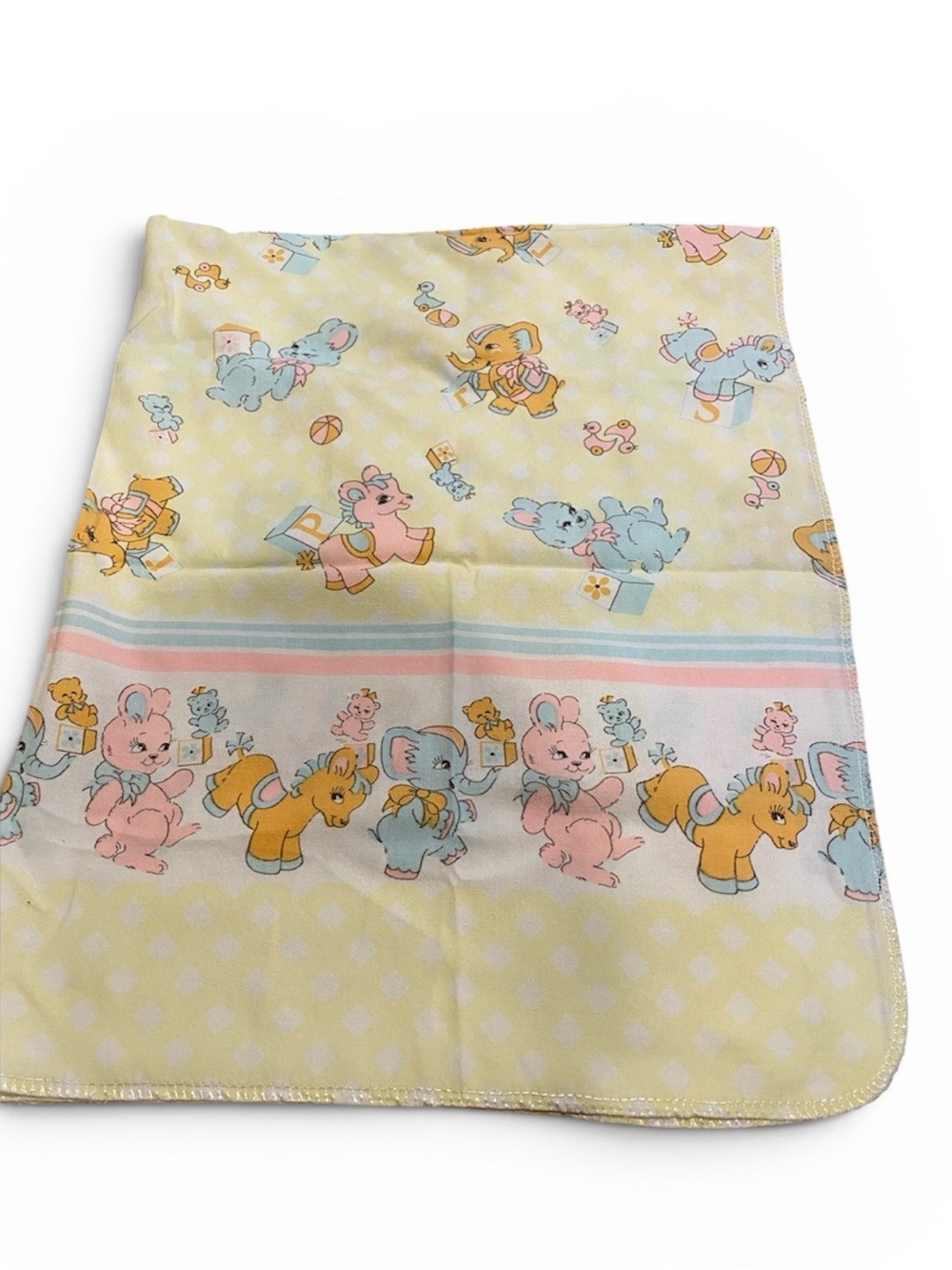 Vintage Baby Receiving Blanket 70s 80s Bunny Elephant Horse Yellow Girl Lovey